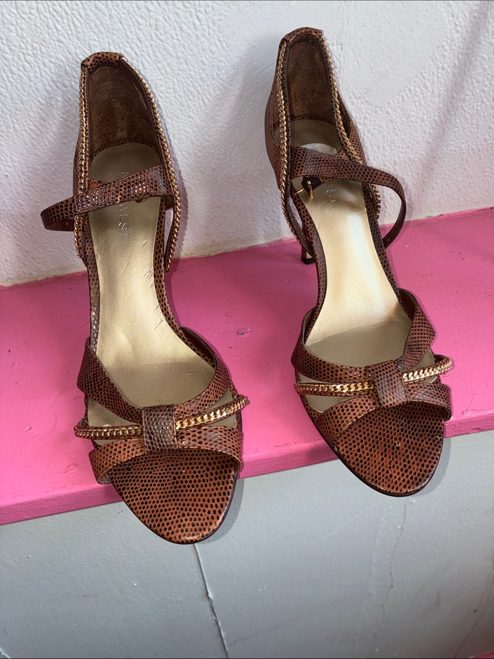Nine West Brown Textured Mary Jane Heels with Gold Chain Accent